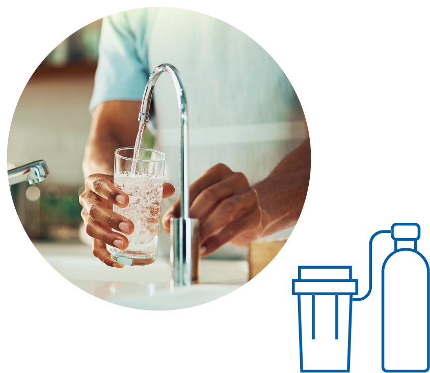Adobe stock photo of a woman holding and filling a glass with filtrated water from her sink
