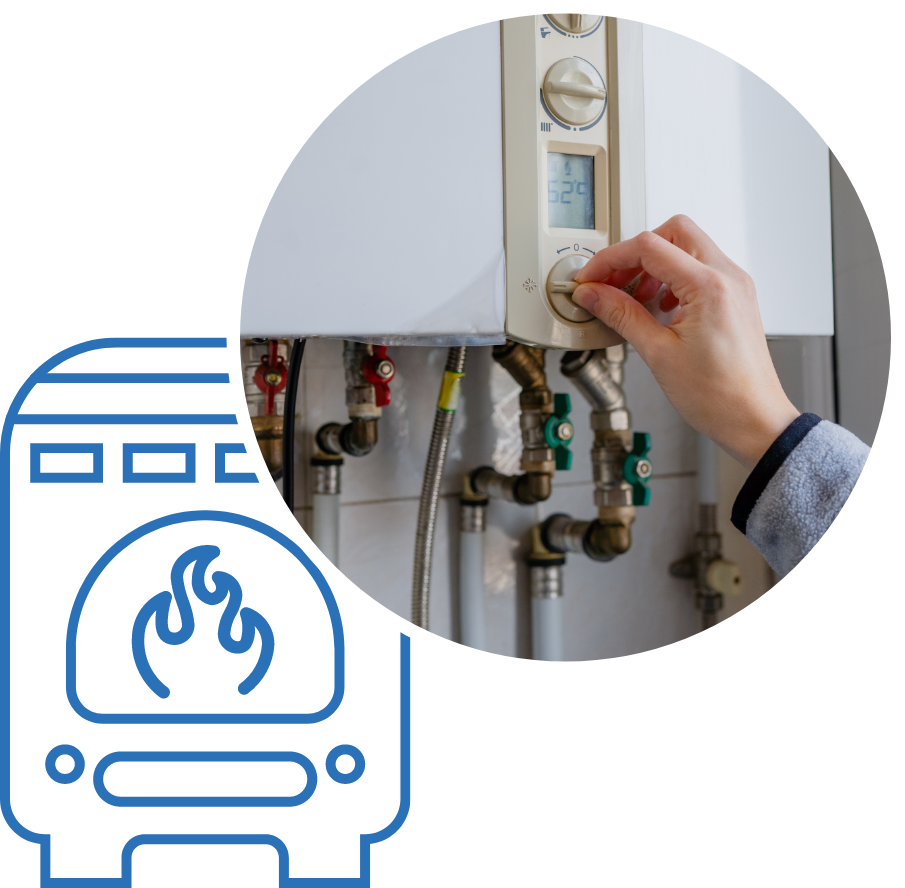 Adobe stock photo of a hand turning a knob on a boiler with north valley plumbing's boiler icon
